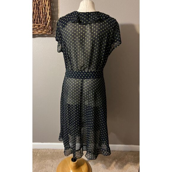 MSK Dress Navy Blue Green 16 Polka Dot Flowy Midi W Belt Washable Sheer Fairy - Picture 3 of 7